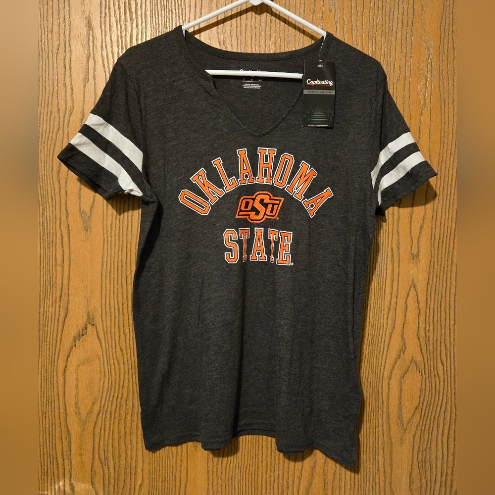 NCAA Oklahoma State Cowboys Women's V-Neck Notch TShirt, Charcoal Heather, Small
